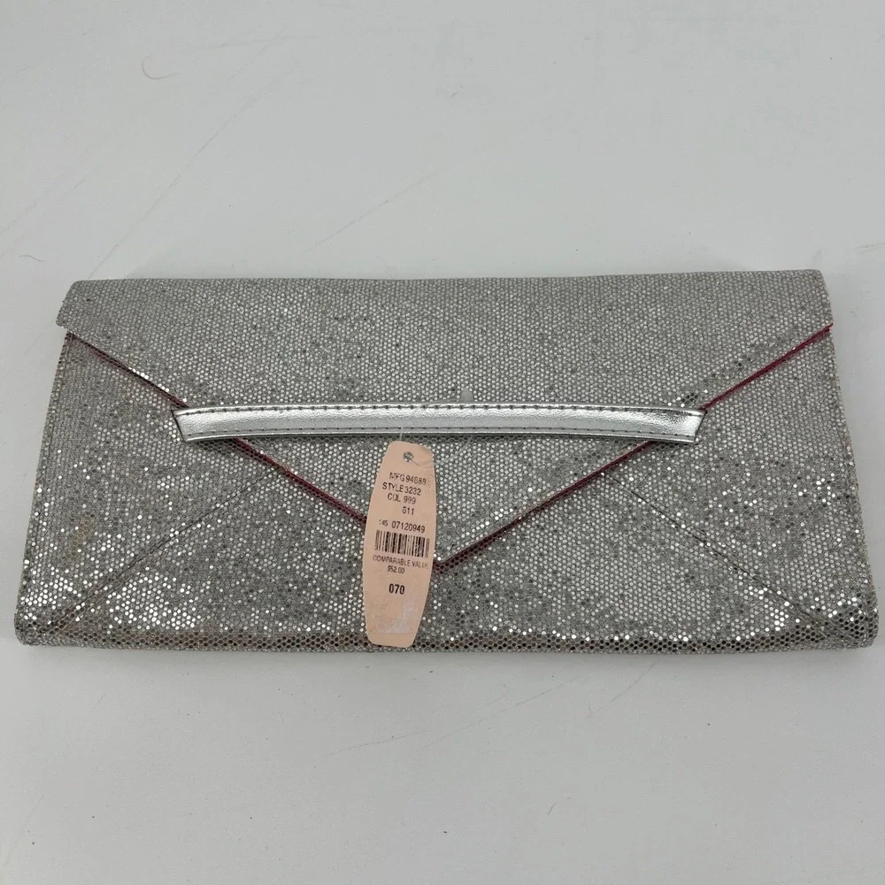 Victorias Secret Silver Glitter‎ Envelope Clutch Pink Lining Evening Bag